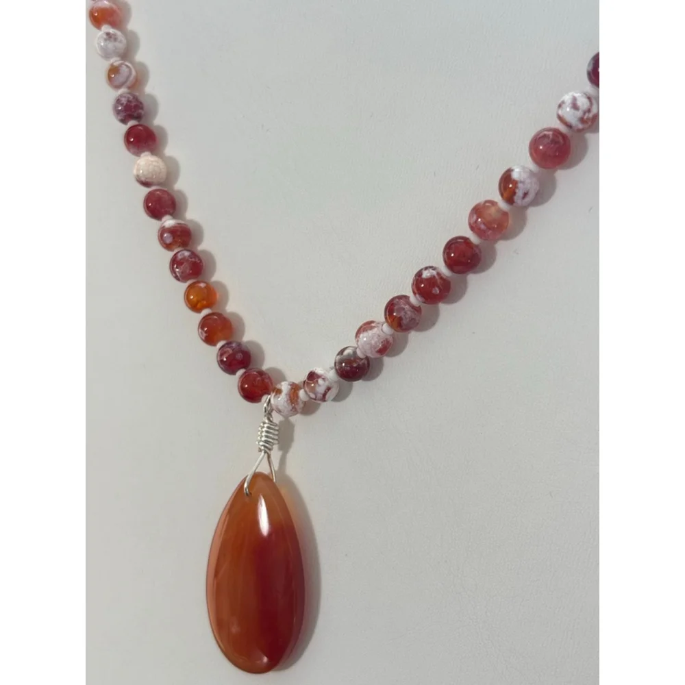 Handmade Fire Agate Beaded Necklace with Carnelian Pendant One Size